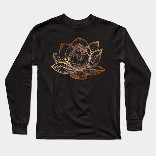 Golden Lotus Flower on Black Long Sleeve T-Shirt by Cecilia Mok